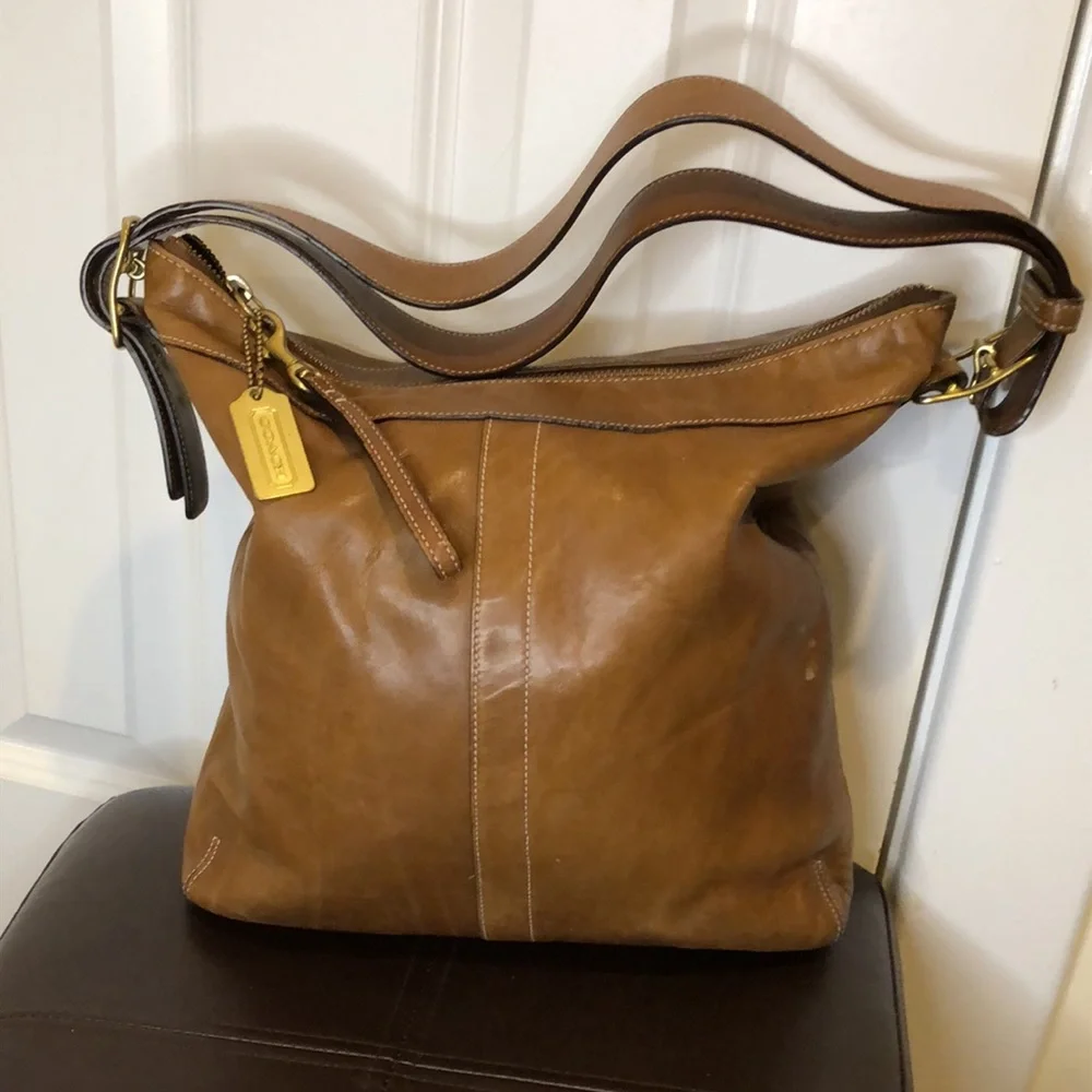 COACH Bleeker Legacy Signature Saddle Brown Leather Slim Duffle Crossbody Bag - Picture 1 of 15